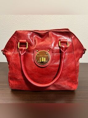 Elliott Lucca Red Leather Satchel with Stap and Gold Hardware